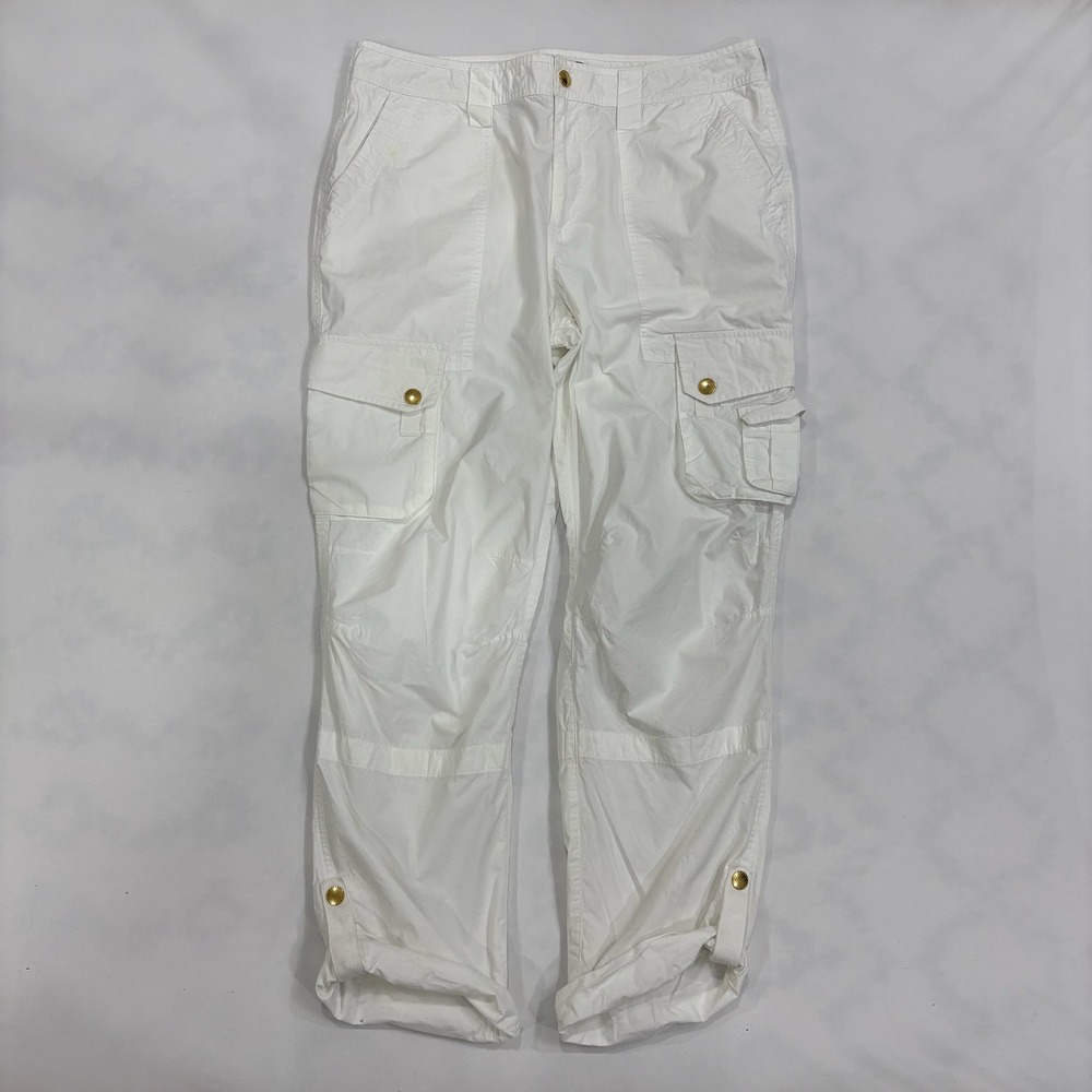 Lauren Ralph Lauren Womens White Cargo Pants Size 12 Gold Buttons Roll Tab